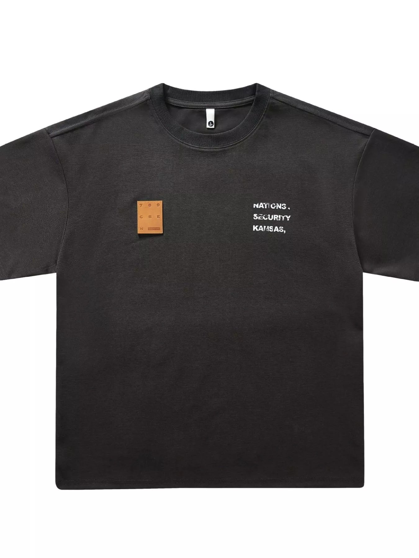 Black t-shirt with a brown leather patch and white text on a white background
