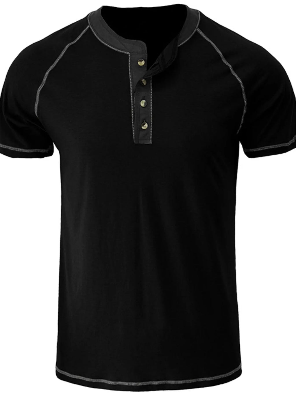 Black short-sleeve henley shirt with button details on a white background