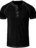 Black short-sleeve henley shirt with button details on a white background