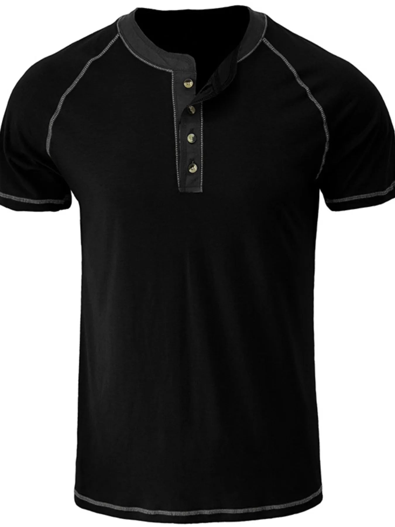 Black short-sleeve henley shirt with button details on a white background