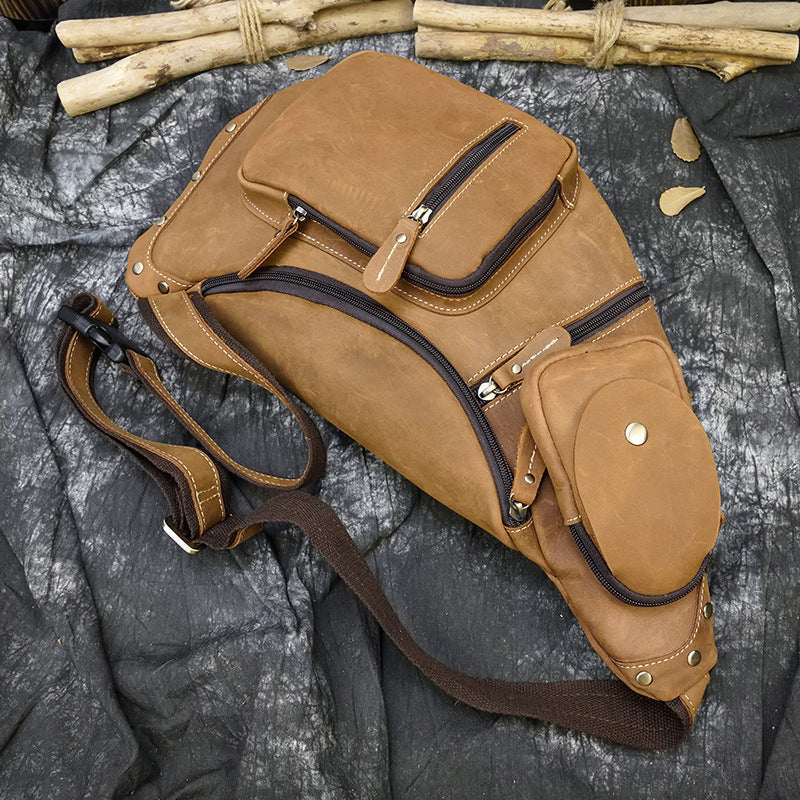 Retro Crazy Horse Leather Men's Chest Bag | Vintage Crossbody Sling