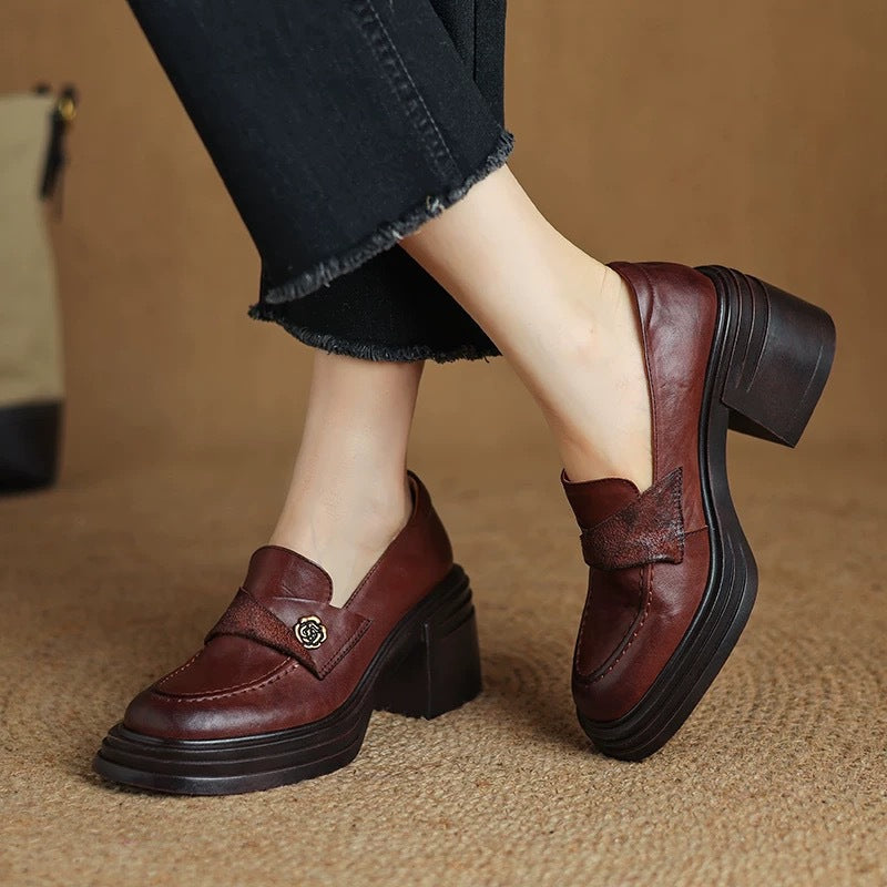 The Academia: Vintage Chunky Heel Leather Loafers
