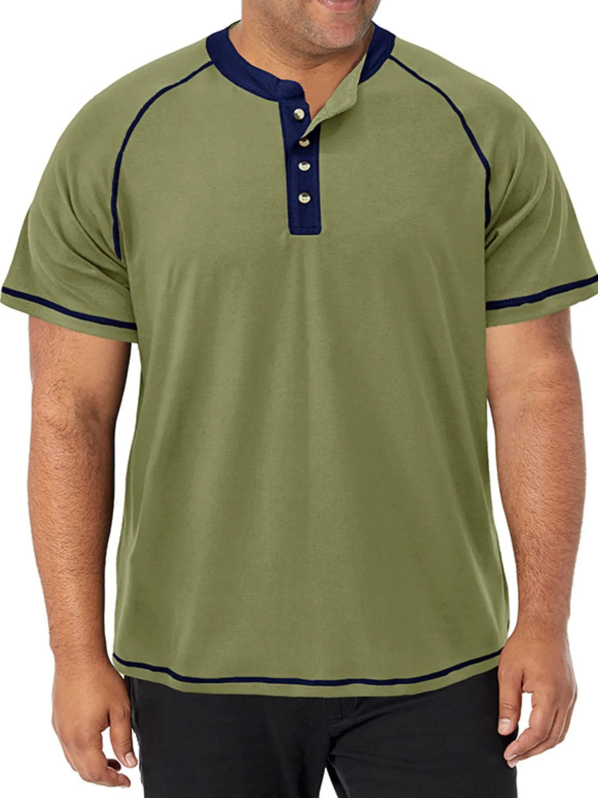 Green short-sleeve shirt with navy accents on a white background