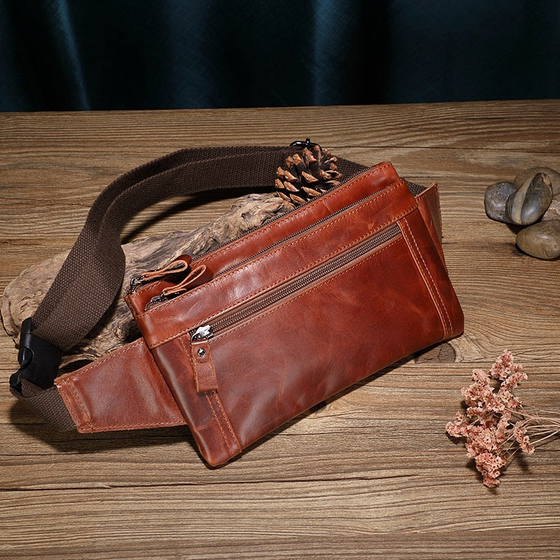 Men's Outdoor Work First-Layer Cowhide Large Capacity Waterproof Waist Bag | Leather Fanny Pack