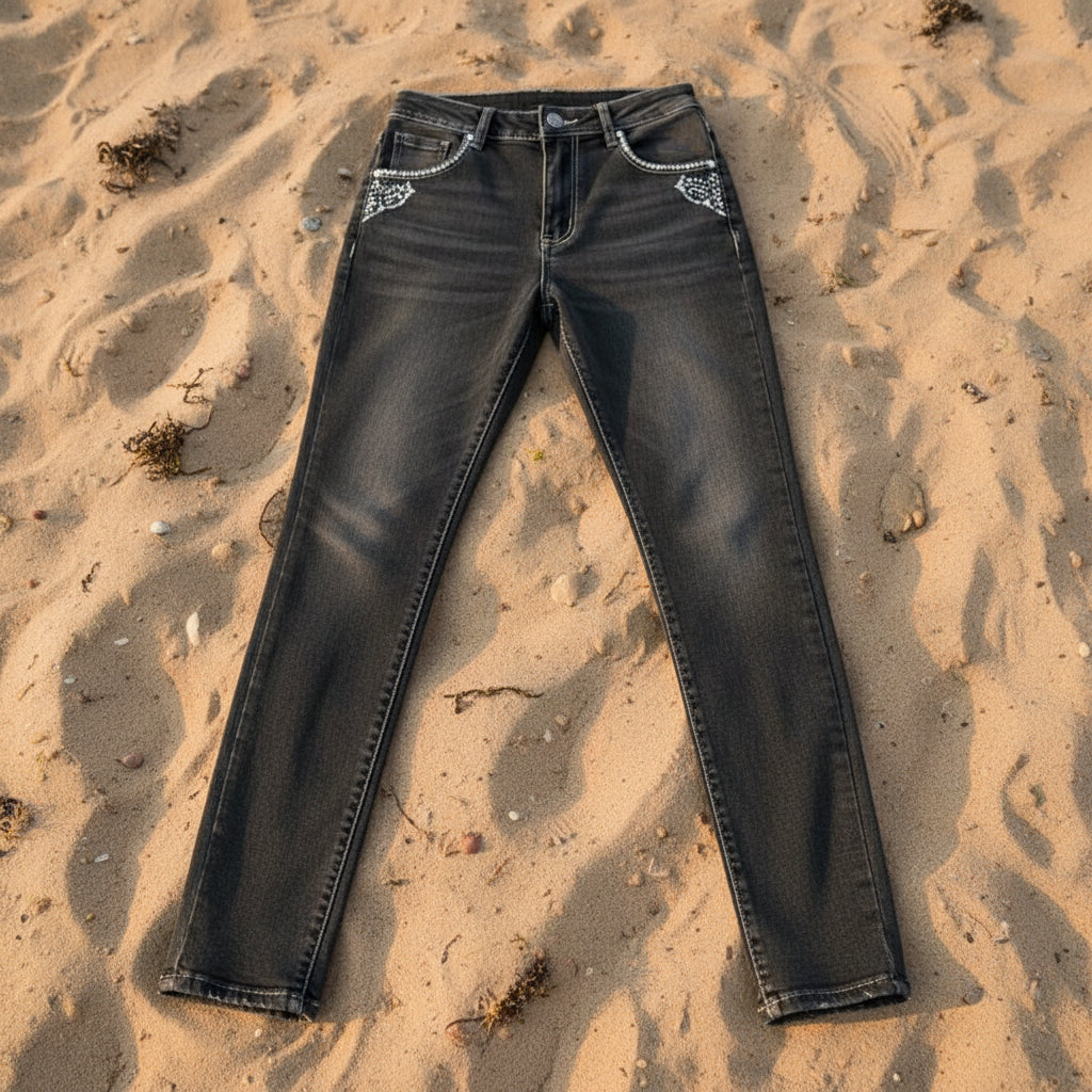 The Eclipse: Dark Gray Rhinestone Embroidered Elastic Denim Skinny Pants-Blackorvani