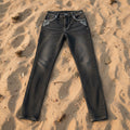 The Eclipse: Dark Gray Rhinestone Embroidered Elastic Denim Skinny Pants-Blackorvani