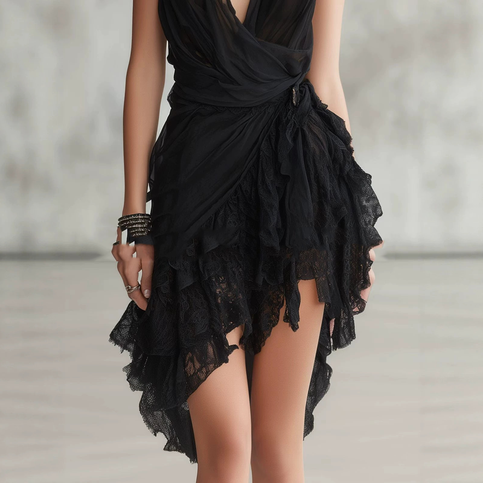 A model wearing a black ruffled mini dress with lace trim and a wrap-style bodice, photographed against a soft gray studio background.