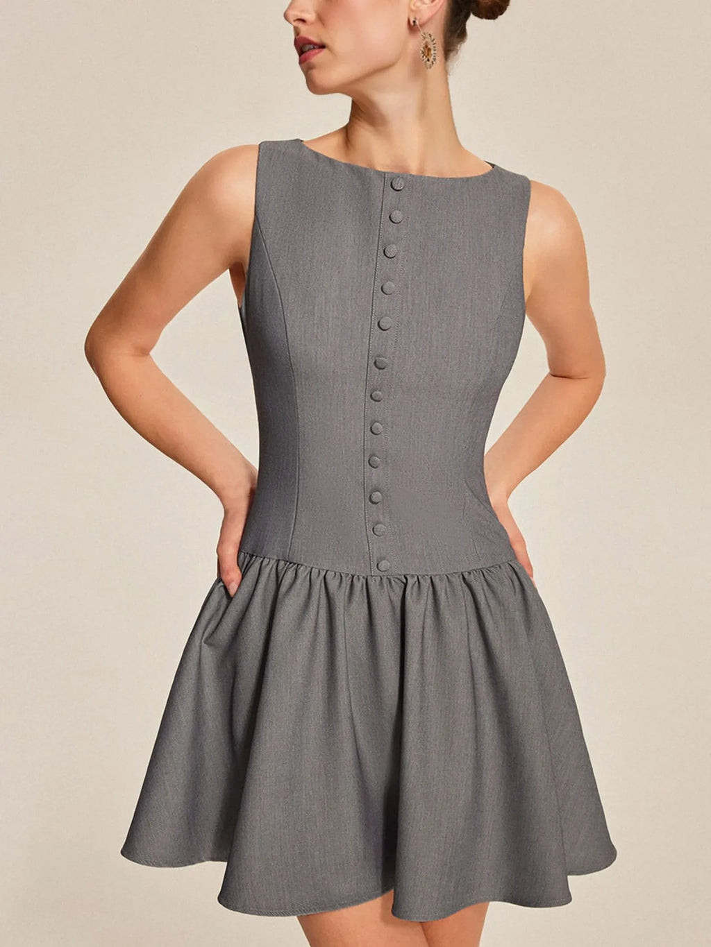 Gray dress with button details on a plain background-BlackOrvani