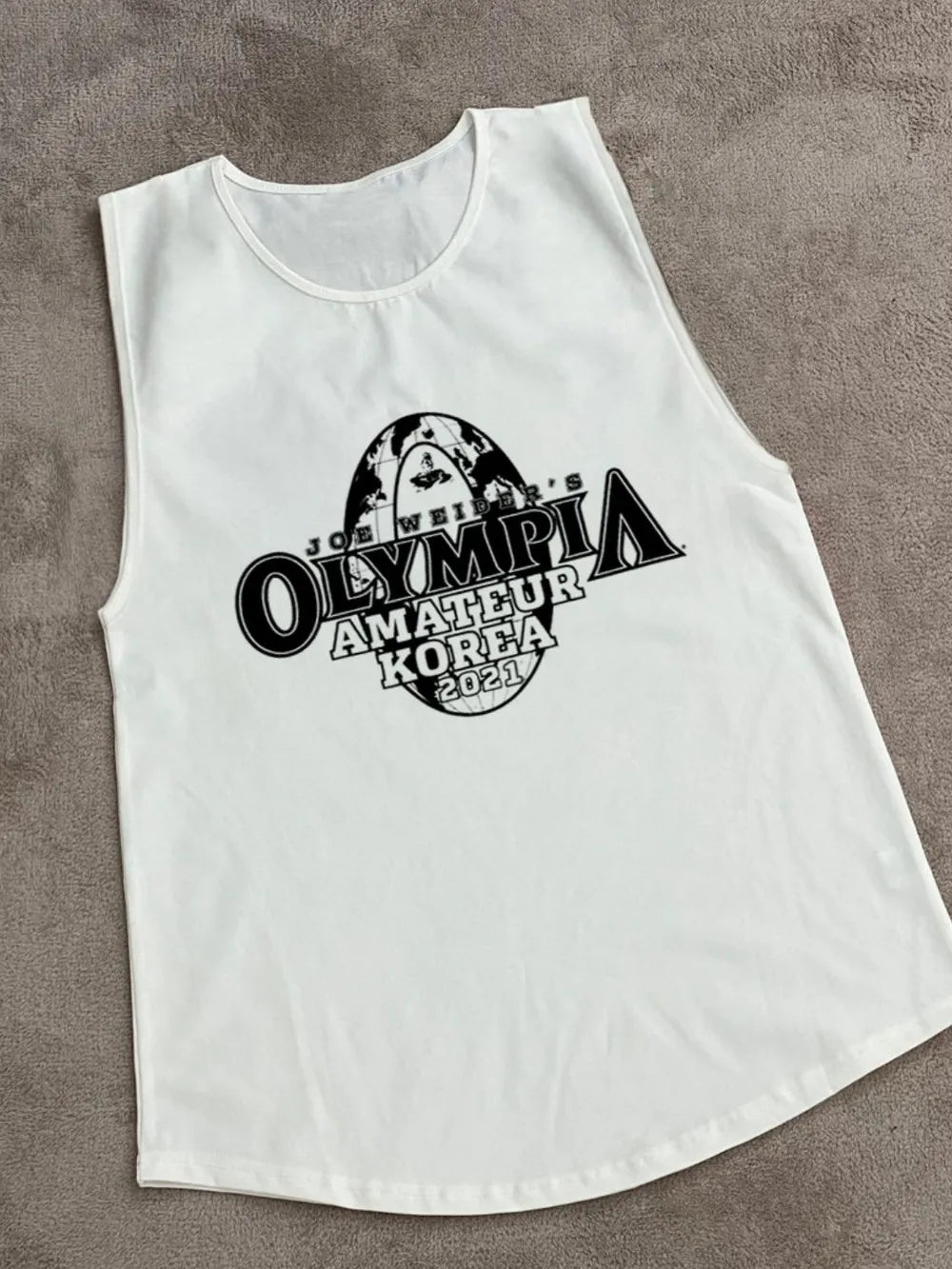 White tank top with black graphic design on a gray background-blackorvani.com