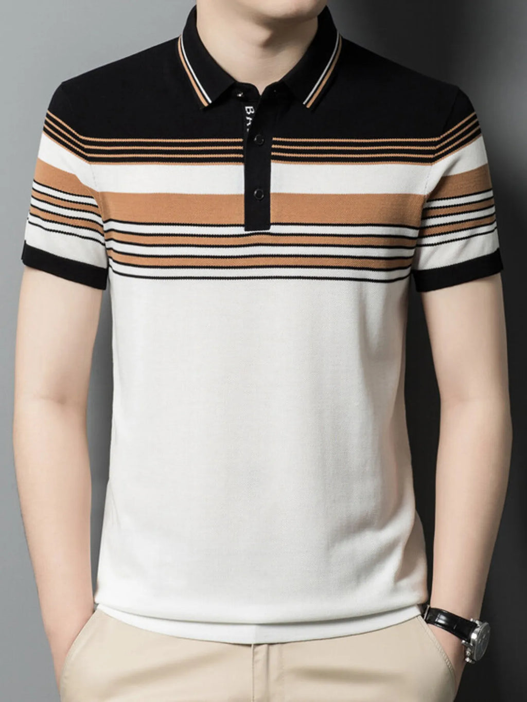 Striped polo shirt with black, brown, and white colors on a gray background-blackorvani.com