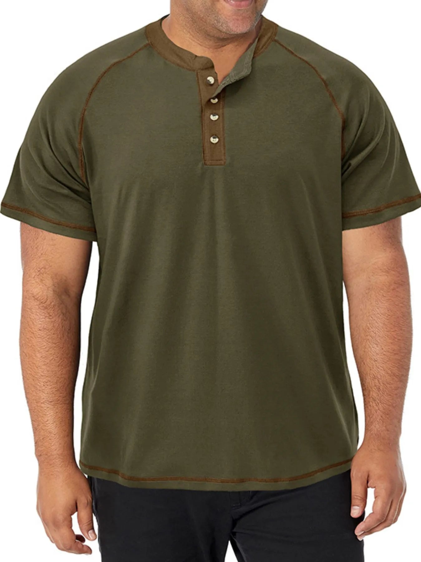 Green short-sleeve henley shirt with brown accents on a white background