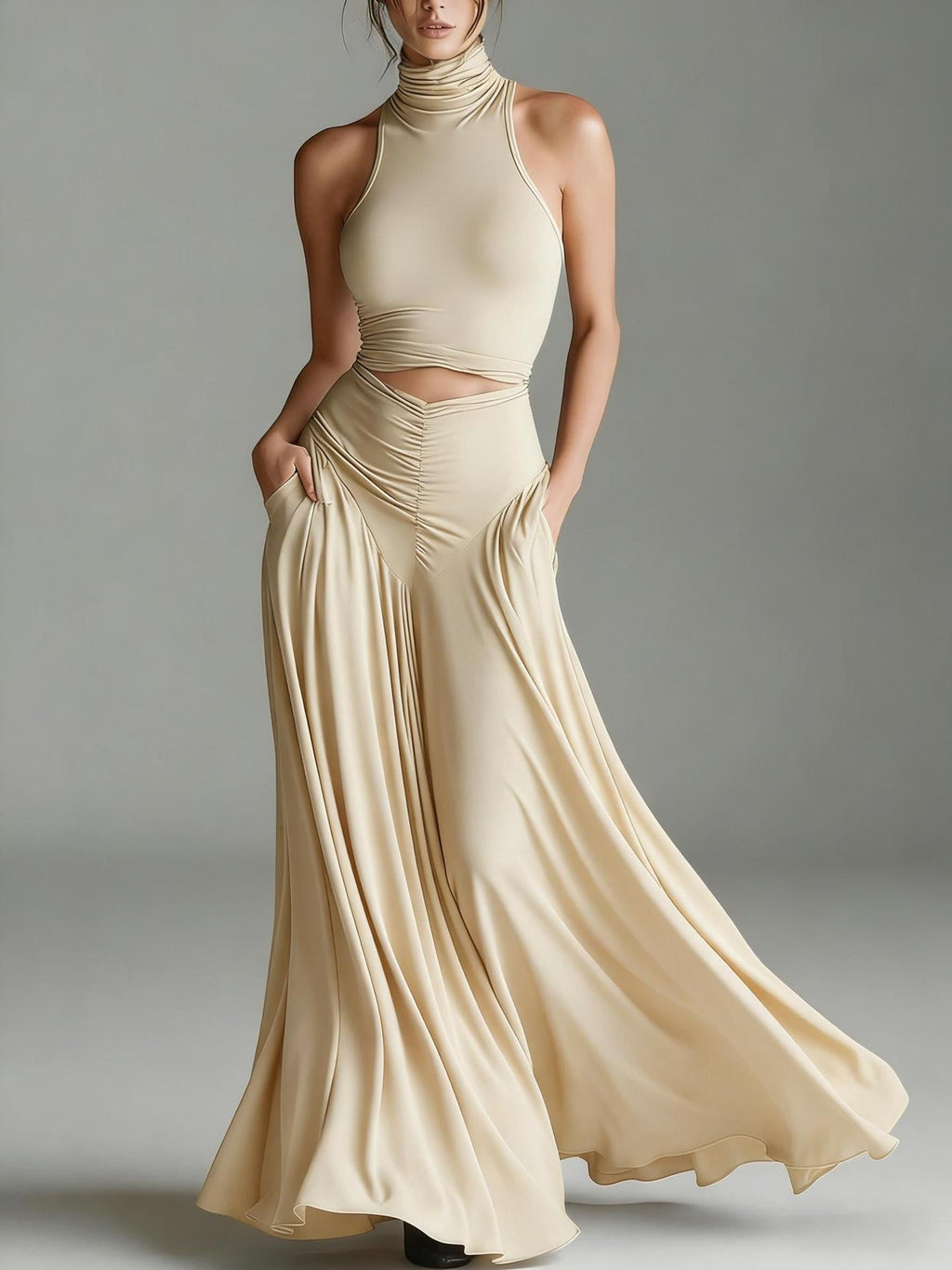 Beige evening gown on a model against a neutral background