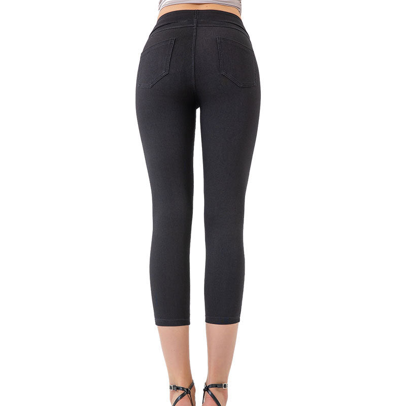 The Sculpt: Denim-Look Capri Yoga Pants with Tummy Control-Blackorvani