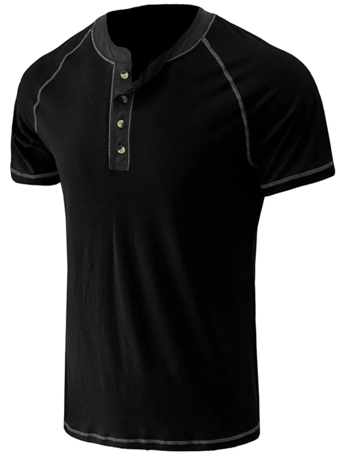 Black short-sleeve henley shirt with white buttons on a white background