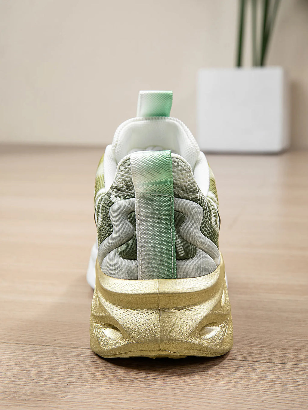 Sneaker with a unique design on a wooden surface