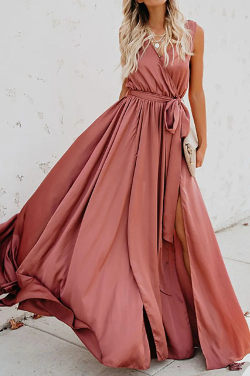 Long pink dress with a slit on a white background-blackorvani.com