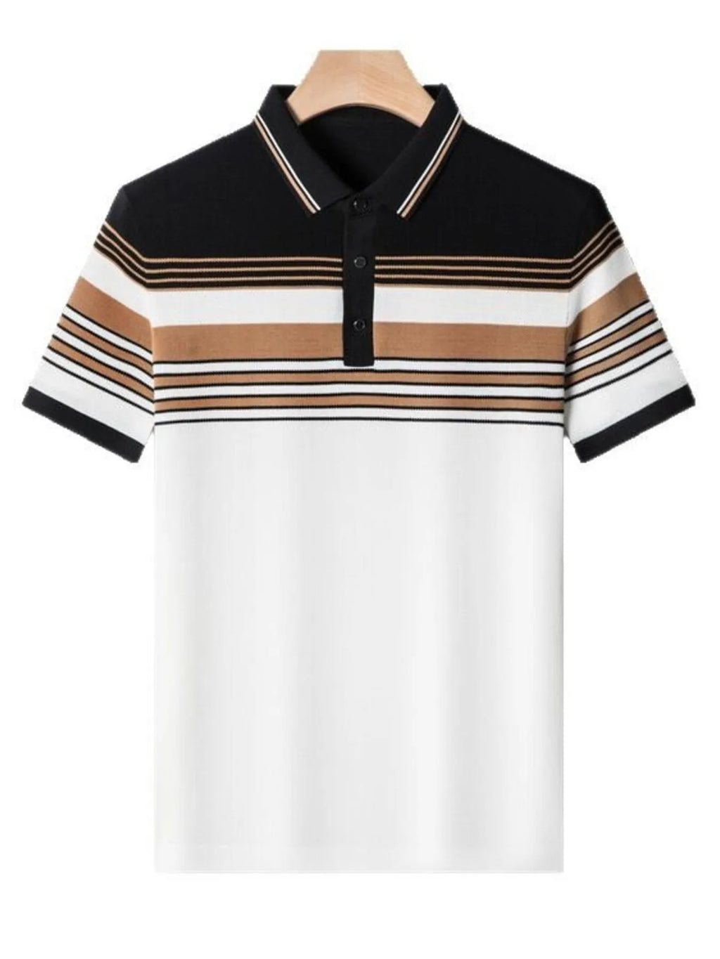 Striped polo shirt with black, brown, and white colors on a hanger against a white background-blackorvani.com