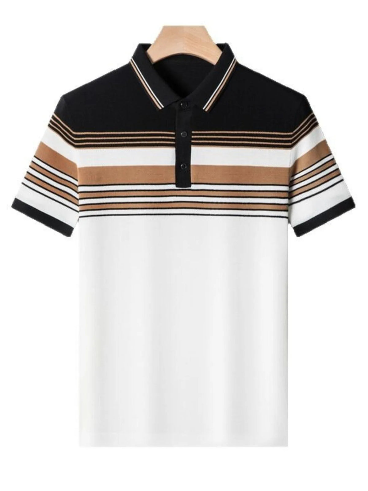 Striped polo shirt with black, brown, and white colors on a hanger against a white background-blackorvani.com