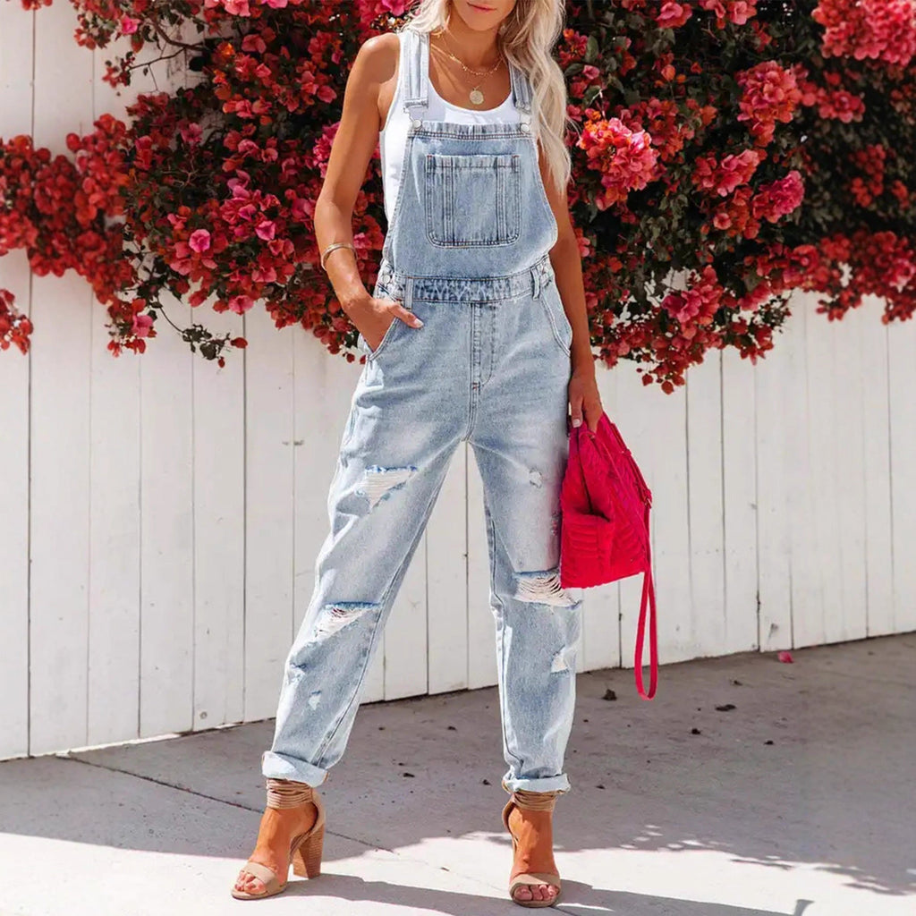 The Rebel: Cropped Ripped Denim Overalls