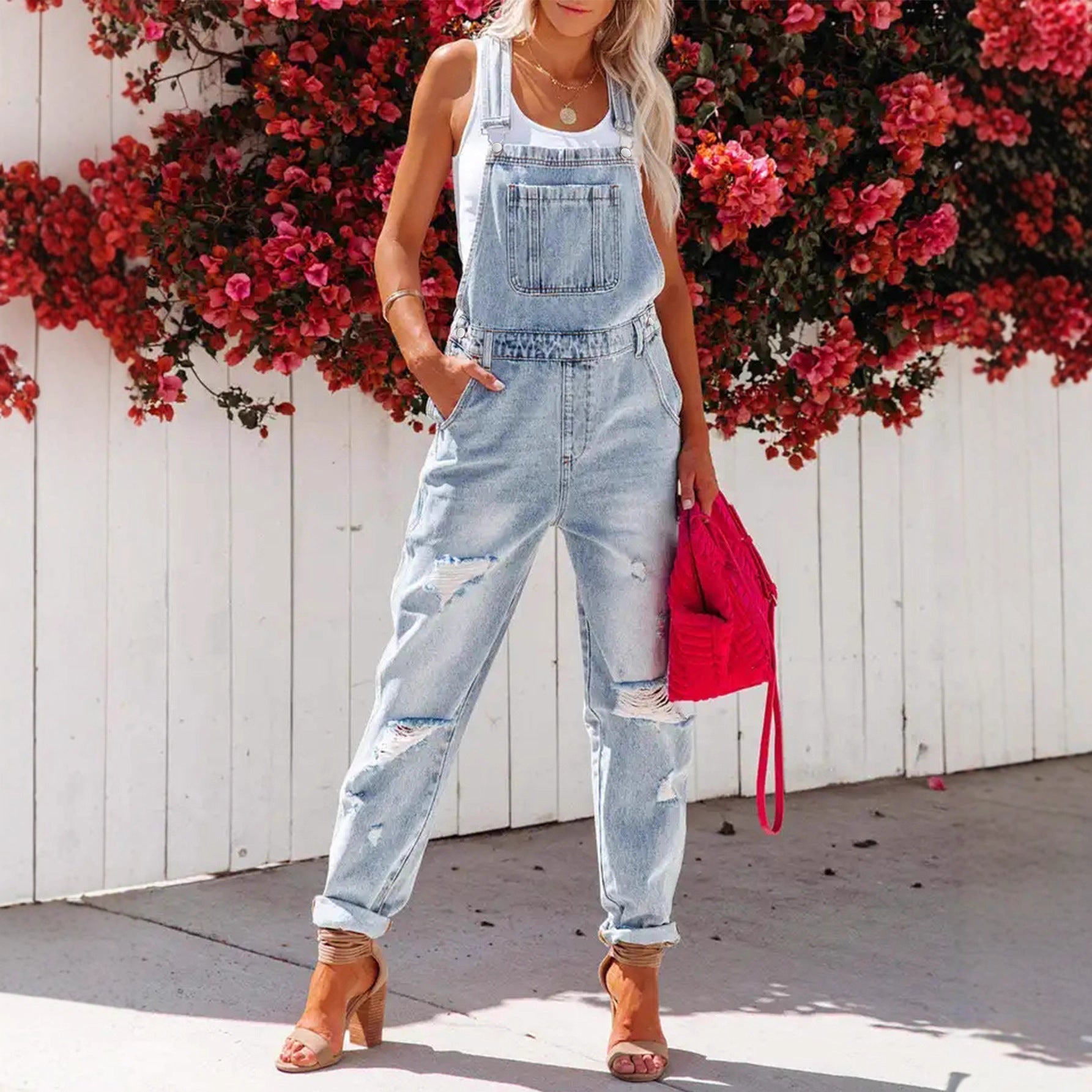 The Rebel: Cropped Ripped Denim Overalls