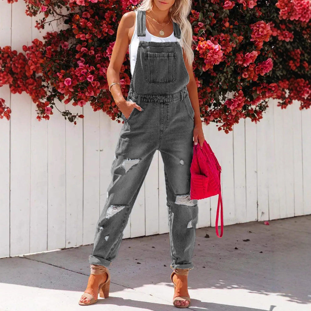 The Rebel: Cropped Ripped Denim Overalls
