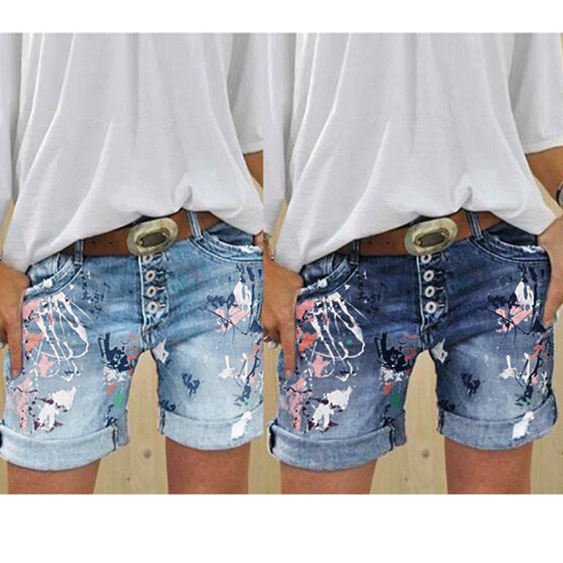The Splash: High-Waist Printed Elastic Denim Shorts with Button Closure