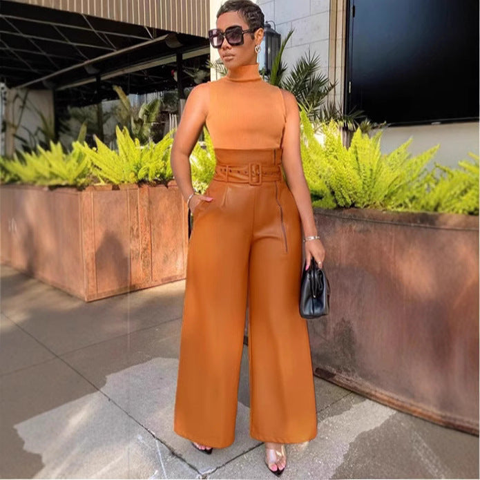 The Grandeur: High-Waist PU Leather Wide-Leg Pants with Belt-Blackorvani