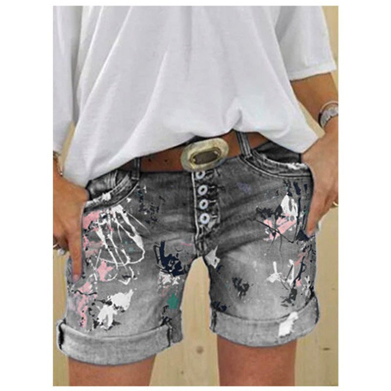 The Splash: High-Waist Printed Elastic Denim Shorts with Button Closure