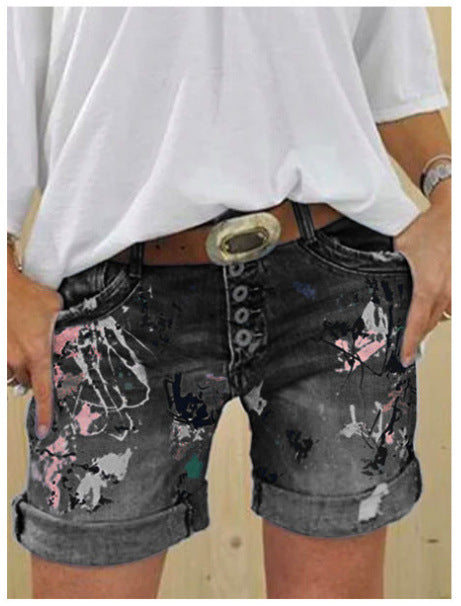 The Splash: High-Waist Printed Elastic Denim Shorts with Button Closure