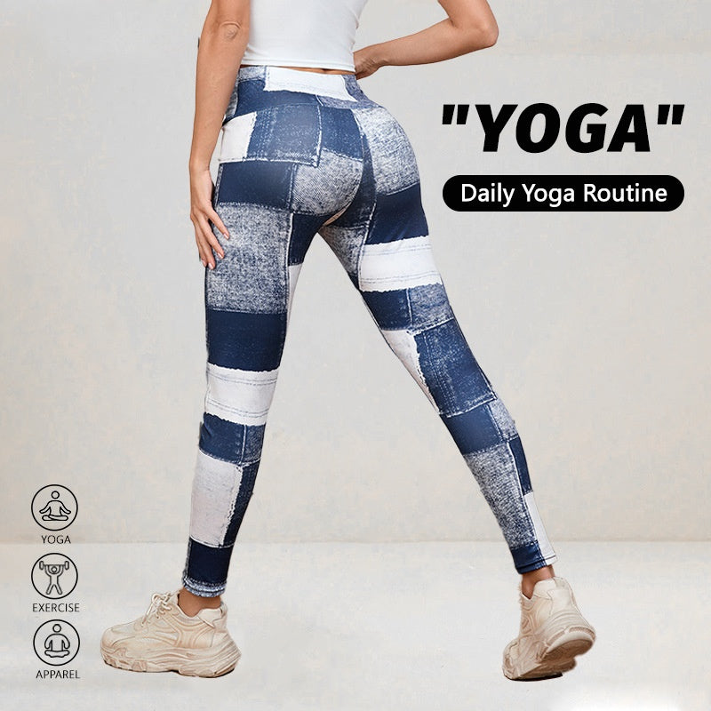 The Grid: Plaid Peach Print High-Waist Tummy Control Yoga Leggings-Blackorvani