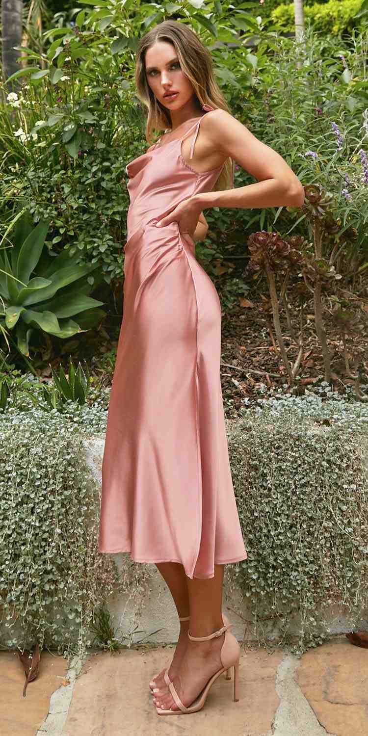 Cinderella Satin Midi Length Dress with High Side Split & Cowl Neck