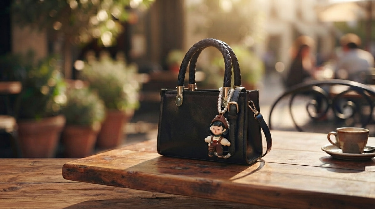 A black leather handbag with braided top handles sits on a rustic wooden table in an outdoor cafe setting, featuring a small doll keychain charm-blackorvani