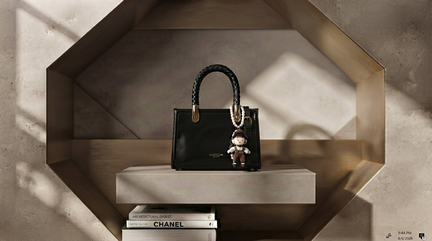 A black structured handbag with a braided top handle and a small hanging plush keychain, displayed on a shelf in a geometric interior setting. A Chanel book is stacked beneath the bag-blackorvani