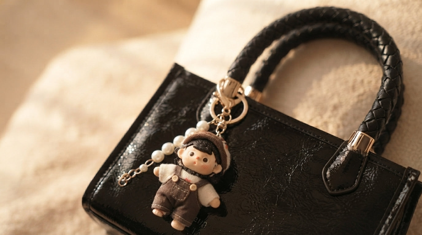 A close-up of a black leather handbag with a braided top handle and a dangling charm featuring a small doll wearing a white shirt and brown overalls, resting on a soft beige fabric background-blackorvani

