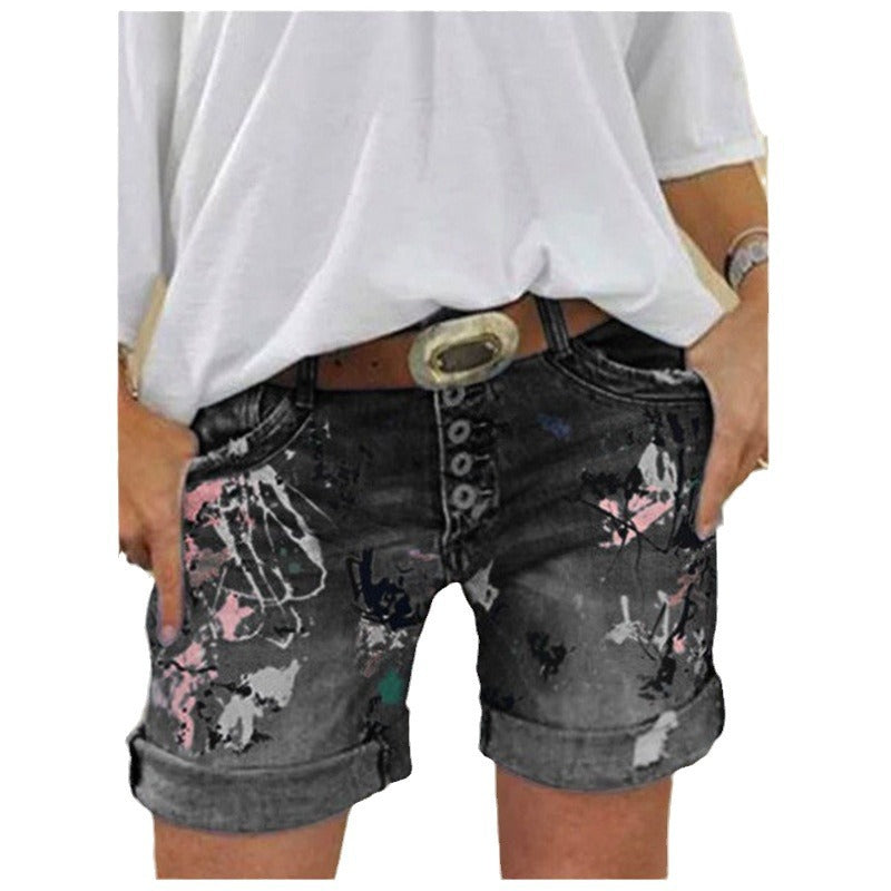 The Splash: High-Waist Printed Elastic Denim Shorts with Button Closure