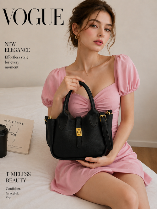 A structured black handbag with gold hardware hold by a women wearing a pink dress sit in a bed-BlackOrvani