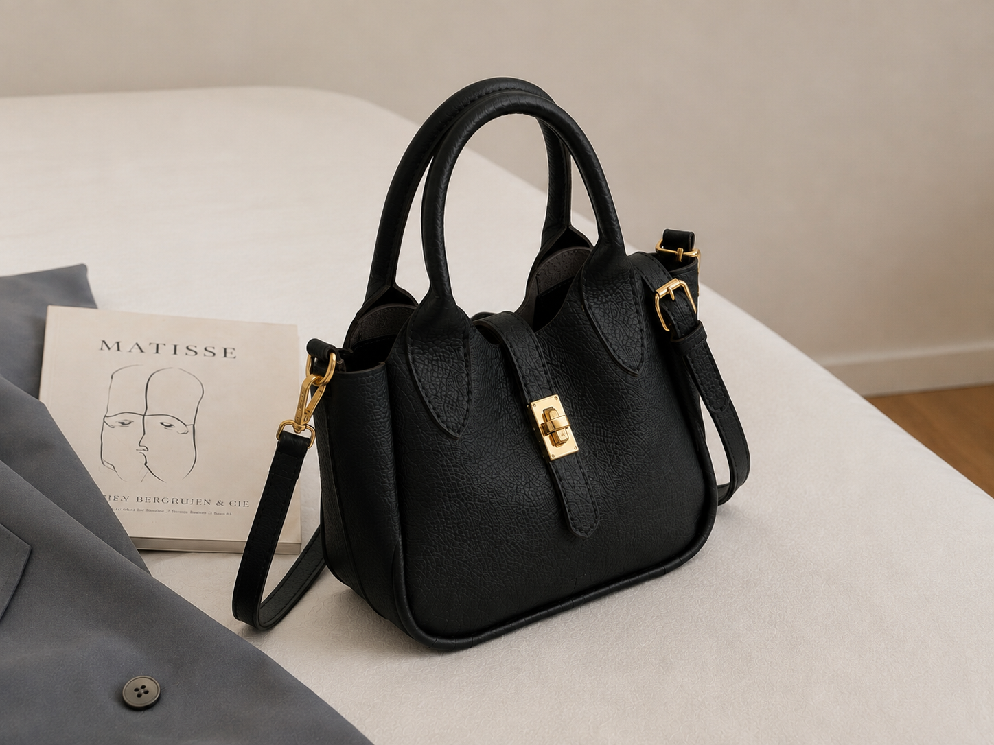 A black textured leather handbag with gold-tone hardware, featuring a top handle, a front strap closure with a gold clasp, and a detachable shoulder strap, styled on a white bed next to a gray garment and a book-BlackOrvani