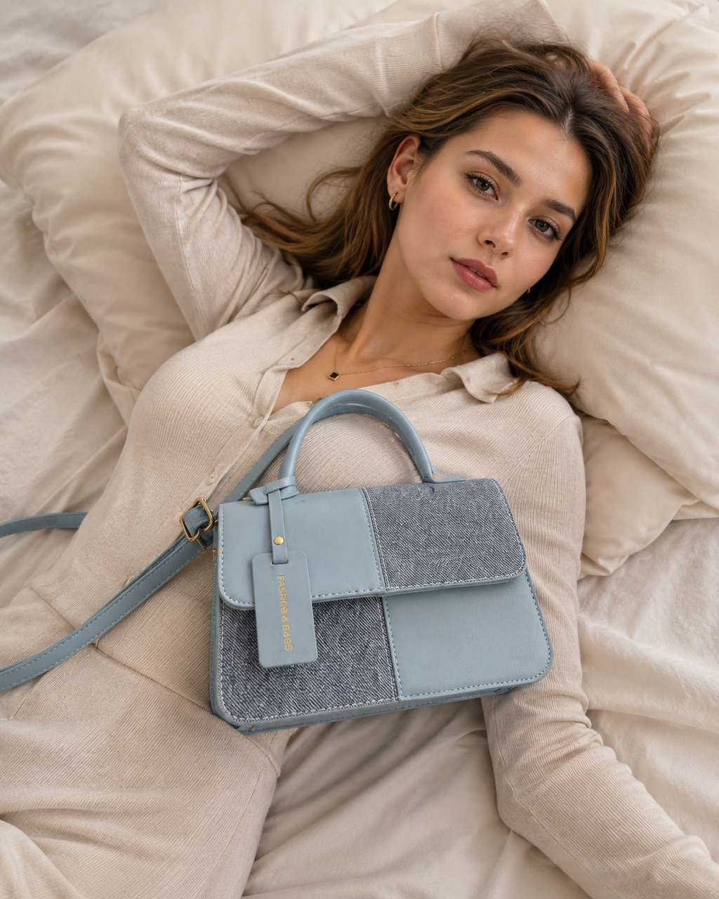 A  light blue and gray patchwork handbag holding by a women-BlaCkOrVani