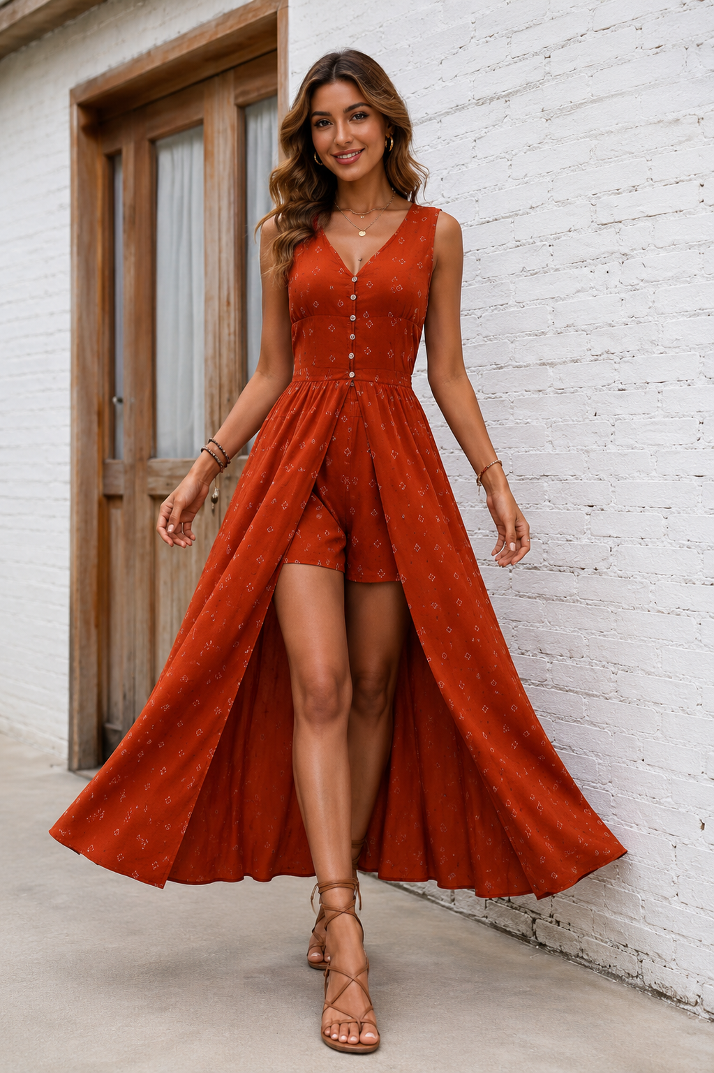A woman models a rust-orange sleeveless high-low dress with matching shorts, featuring a buttoned -BlackOrvani