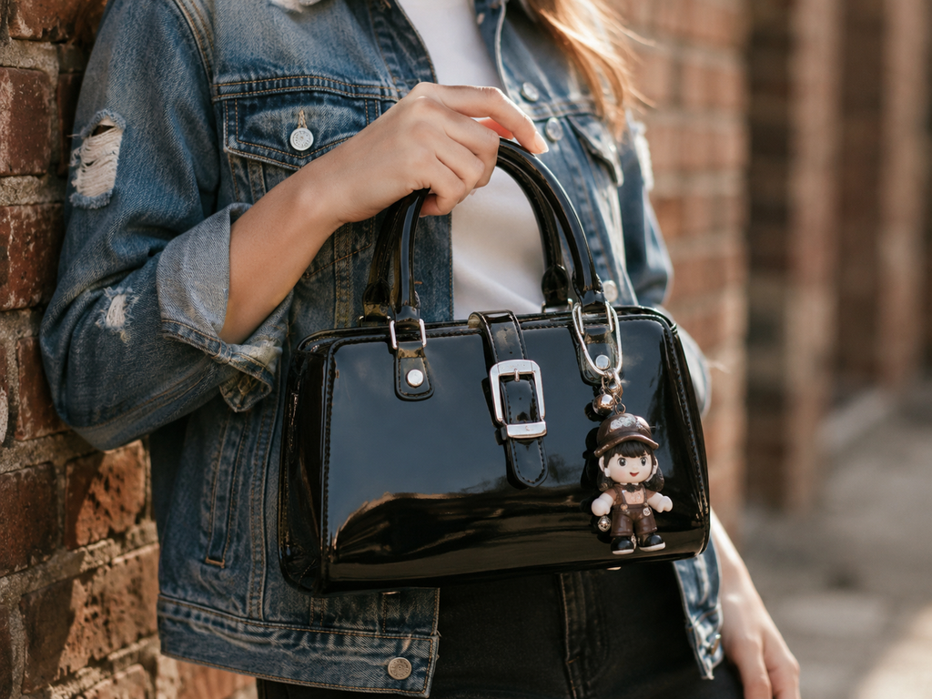 A women in a distressed denim jacket holds a glossy black patent leather handbag with silver buckles and a small cartoon charm, standing against a brick wall-blackorvani