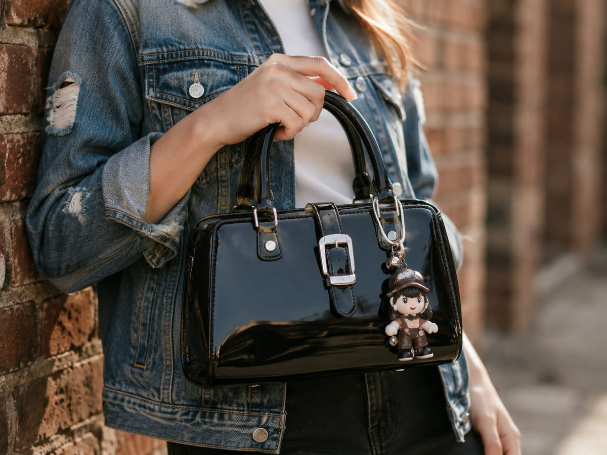 A women in a distressed denim jacket holds a glossy black patent leather handbag with silver buckles and a small cartoon charm, standing against a brick wall-blackorvani