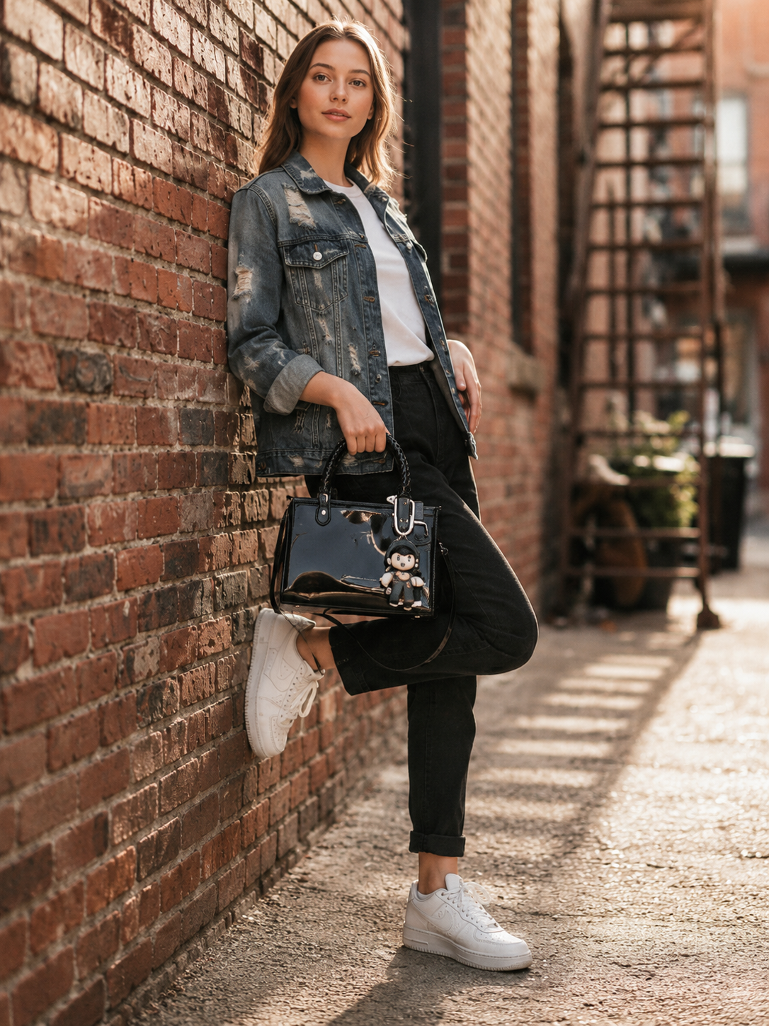 A woman holding a black patent leather handbag-blackorvani