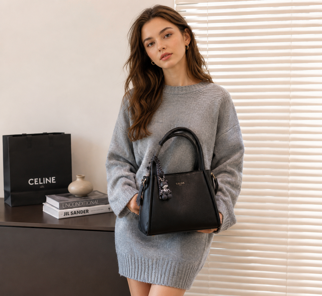 A black leather branded handbag Hold by a beautiful model -BlackOrvani