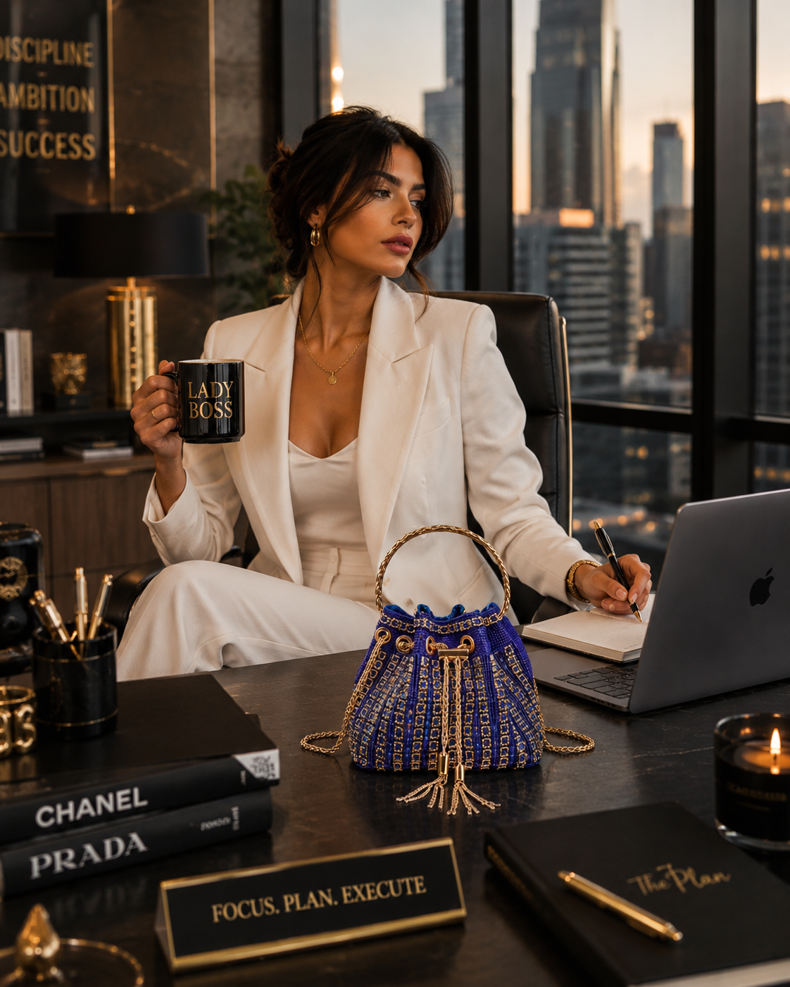 `Blue and gold beaded handbag with a gold ring handle displayed on a luxury office desk-black
orvani