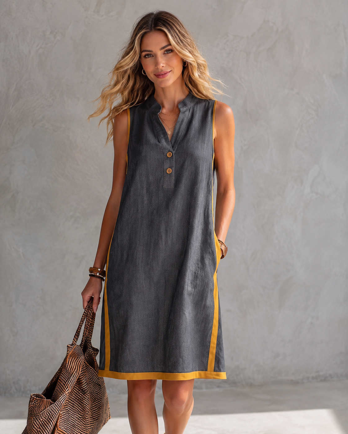 A woman models a sleeveless dark gray linen-look dress with mustard yellow trim and button details, holding a brown woven tote bag against a textured gray wall-blackorvani