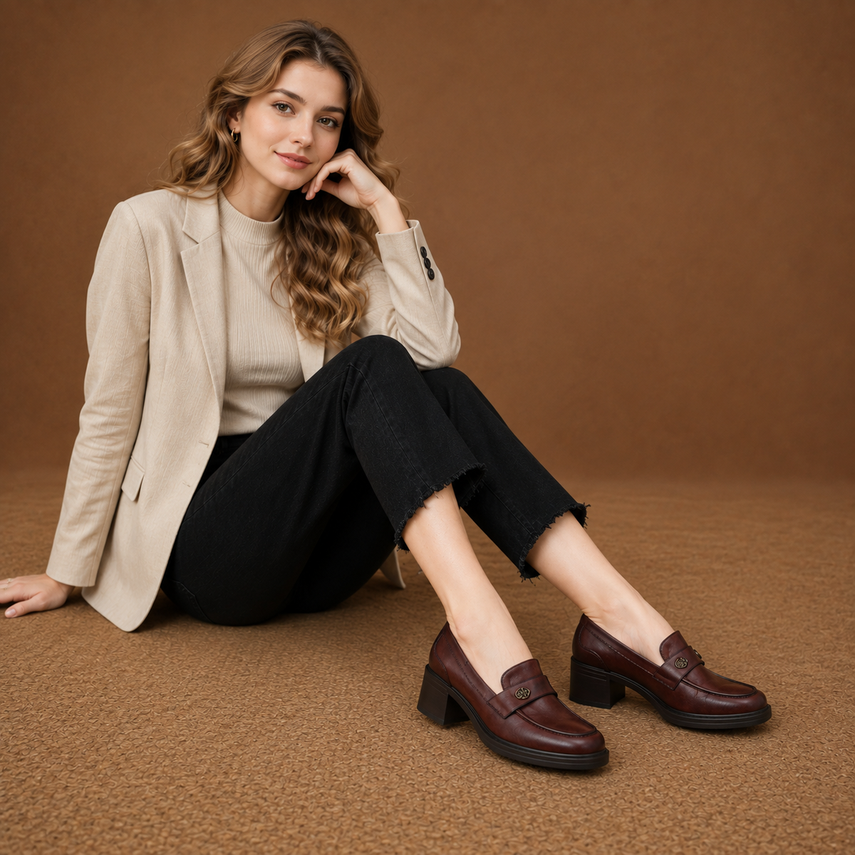 A woman sits on a textured brown floor against a matching brown backdrop, wearing a beige blazer, cream top, black pants, and dark brown block-heel penny loafers-blackorvani