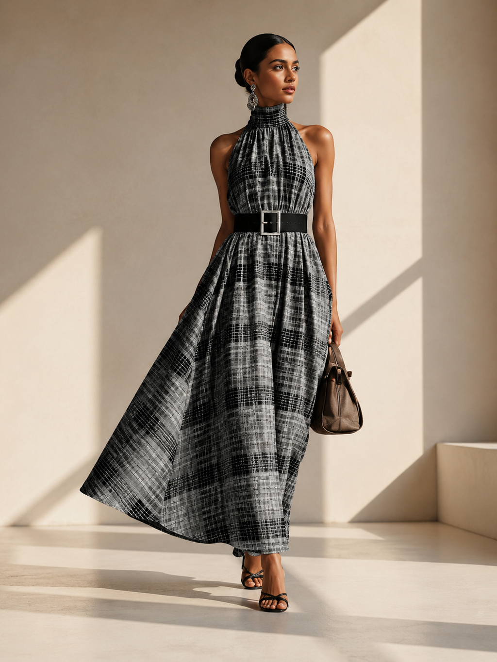 A model walks in a minimalist beige studio wearing a sleeveless halter-neck maxi dress with a black and gray plaid pattern, a black belt with a silver buckle, and holding a brown handbag.