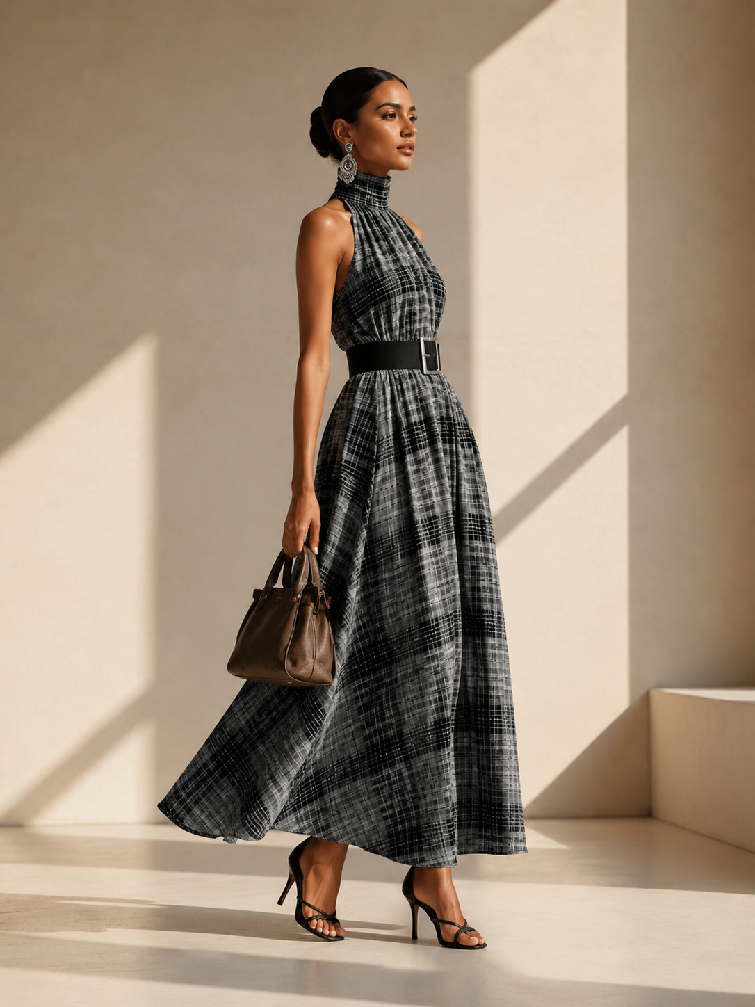 A woman models a sleeveless high-neck maxi dress with a black and gray plaid pattern and a matching black belt. She is holding a brown leather handbag and wearing black strappy heels, standing in a minimalist beige room with dramatic diagonal sunlight and shadows.