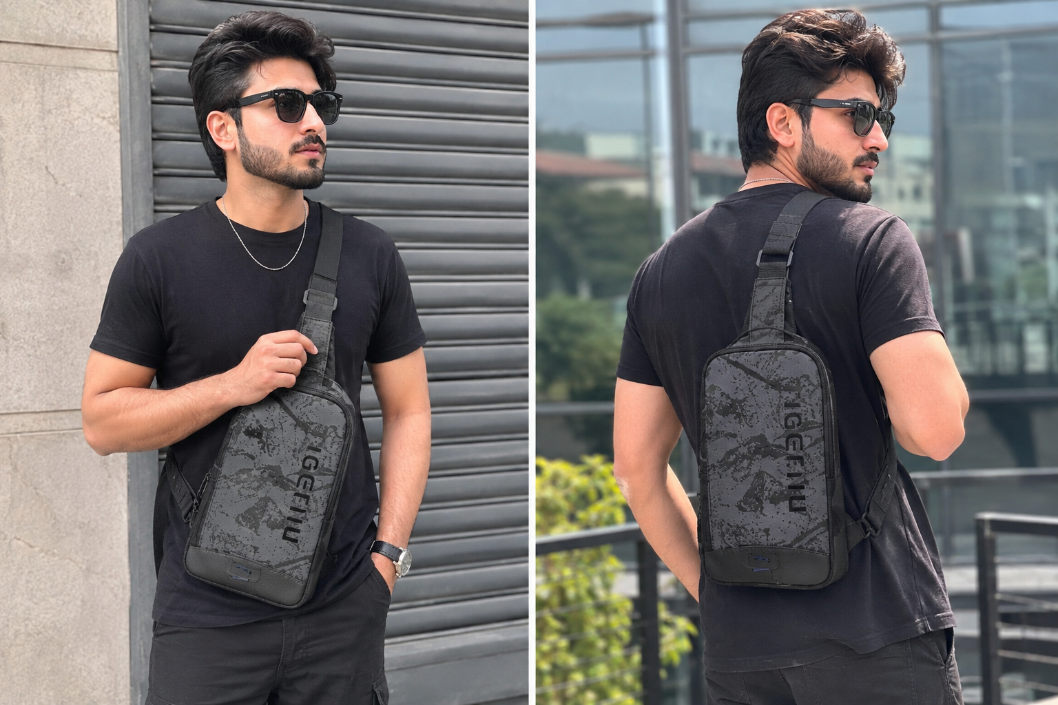 A man  modeling a black crossbody sling bag with a subtle camouflage pattern and the brand name 'ideflu' printed on the front. The left panel shows him from the front against a gray metal shutter, and the right panel shows him from the back against a modern glass building