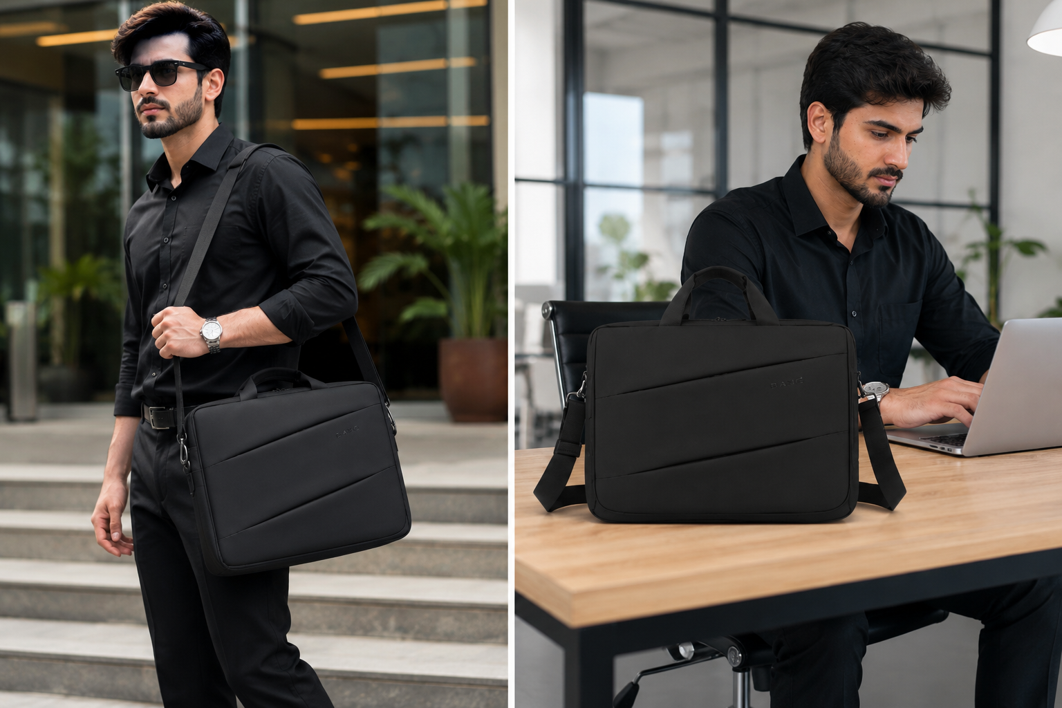 A black nylon laptop briefcase is shown in two lifestyle settings: worn by a man in a black shirt walking down outdoor steps, and sitting on a wooden desk next to a laptop in an office environment-www.blackorvani.com